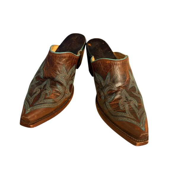 Old Gringo Shoes - Old Gringo Leather Made In Mexico Brown w/ Teal Detail Western Style Mules sz 8
